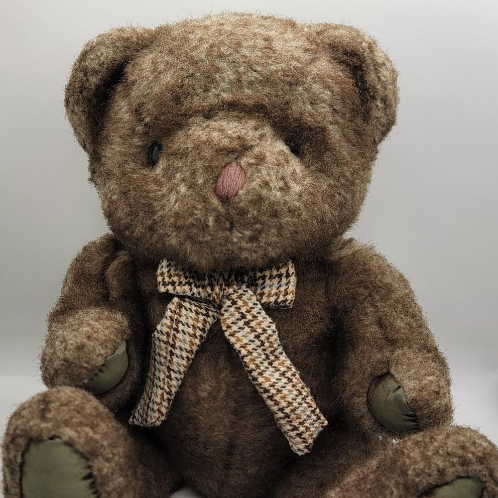 Vintage 1992 Aurora Teddy Bear‎ Brown Plush Herringbone Bow Korea 11" Pot Belly